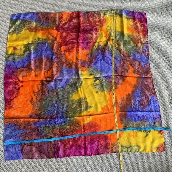 SILK square scarf multicolor watercolor design women’s 38” - Picture 8 of 11